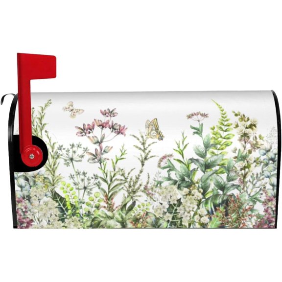 Spring Wild Flowers Mailbox Covers Magnetic Green Botanical Plants Floral Butterfly Decorative Mailboxes Wraps Post Letter Box Cover Standard Size 18x21 Inch for Farmhouse Garden Yard Outdoor