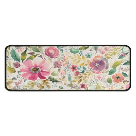Spring Wild Flowers Vintage Floral Kitchen Mats for Floor 2 Piece Set Cushioned and Non-Skid Washable Floor Backing Mat for Home Kitchen Decor or Office 17x29+17x47 Inch Black Edge