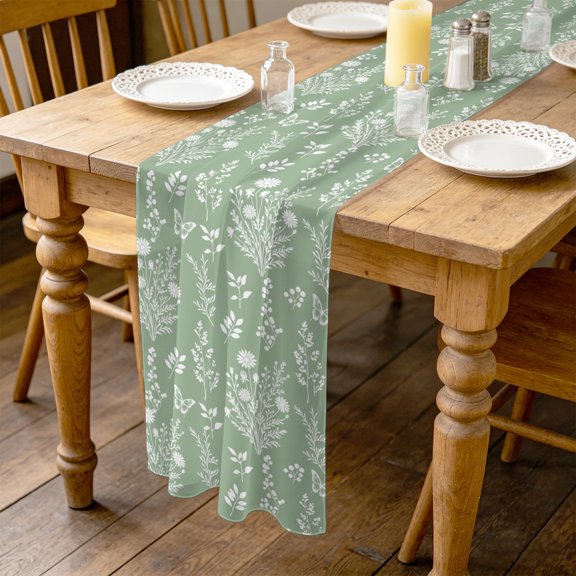 Spring Wildflower 10ft Cheesecloth Table Runner for Wedding 27"x120", Rustic Grasses Leaves Butterfly Country Sage Green Kitchen Dinner Sheer Tulle Chiffon Dresser Scarf, Holiday Party Decorations