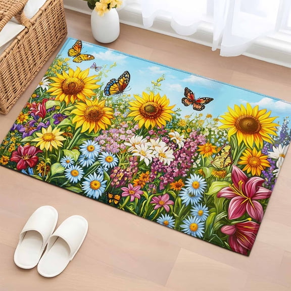 Spring Wildflower Bathroom Mats 2x3 FT, Non Slip Small Kitchen Mat, Floral Leaves Country Pastoral Washable Soft Backed Front Door Throw Rugs Non-Shedding Indoor Outdoor Doormat for Entryway Sink