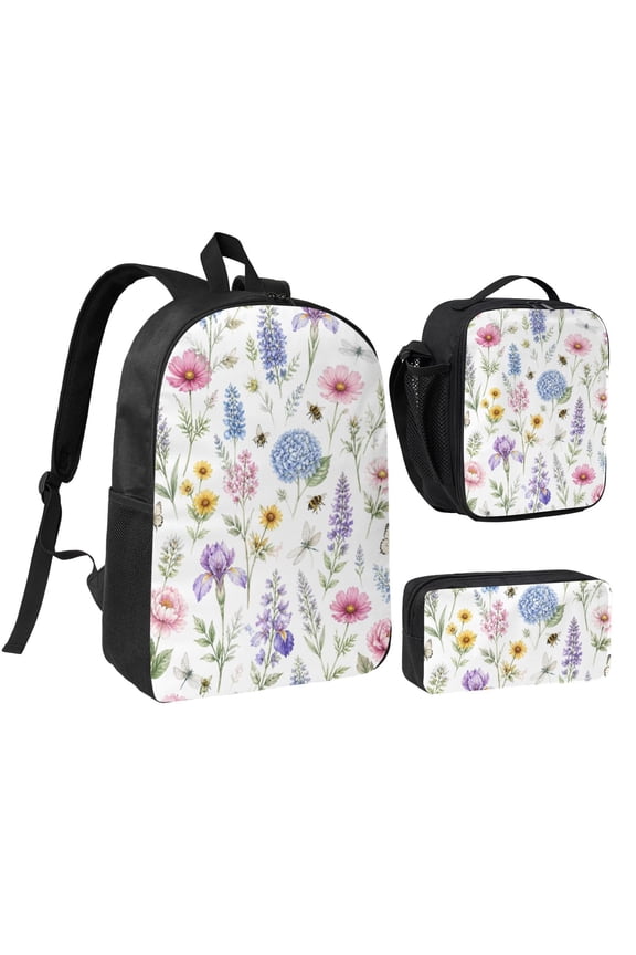 Spring Wildflower Bee Backpack Set 3pc Including Backpack, Lunch Bag and Pen Bag Combination