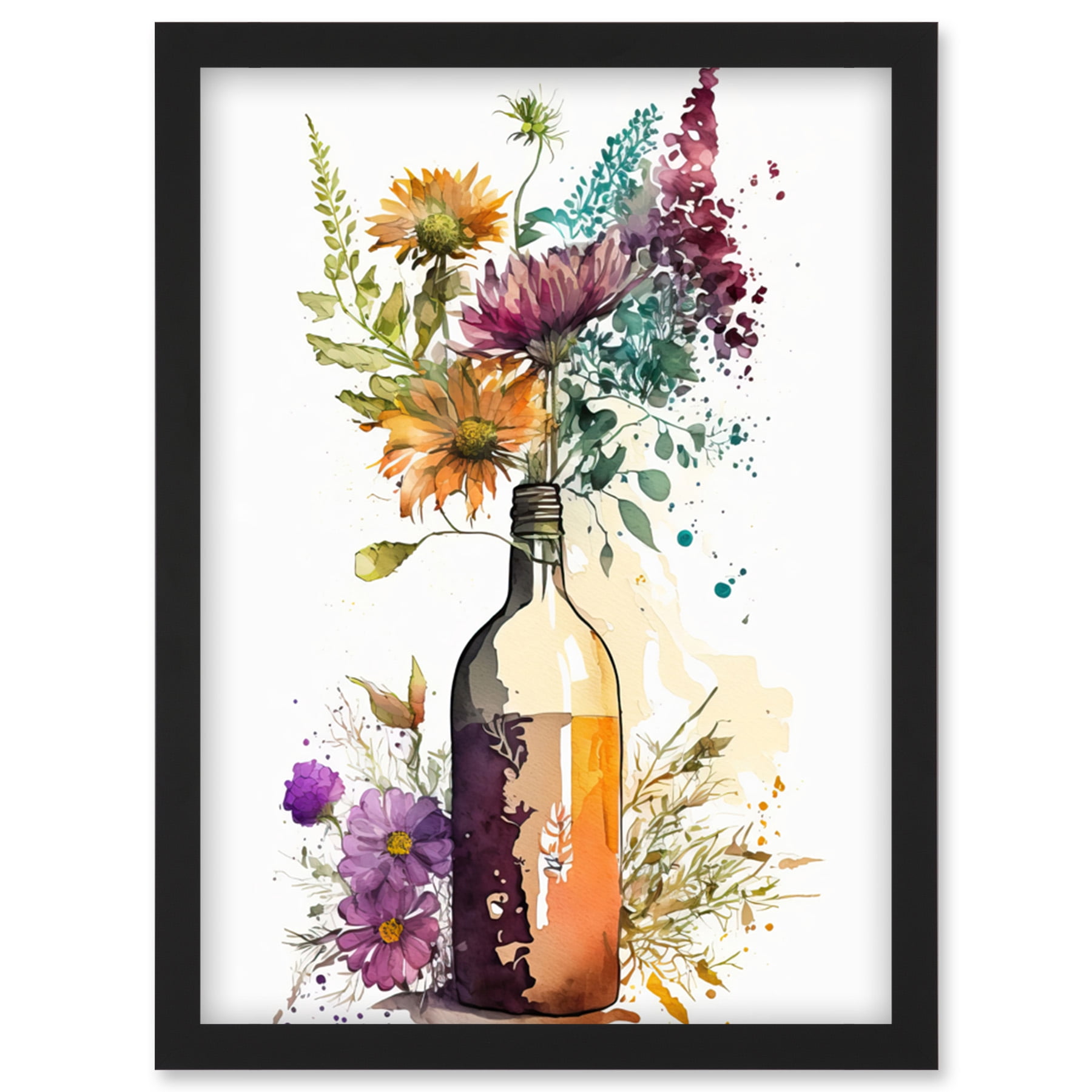 Spring Wildflower Bouquet in a Glass Wine Bottle Artwork Framed Wall ...
