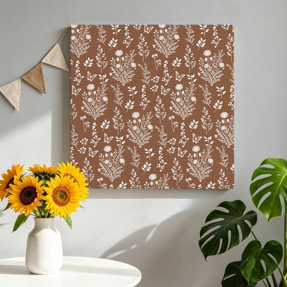Spring Wildflower Canvas Wall Art for Living Room, Rustic Grasses Leaves Butterfly Country Brown Poster Print Painting for Bedroom Office Home Decoration Wall Pictures Prepare To Hang 8"x8"