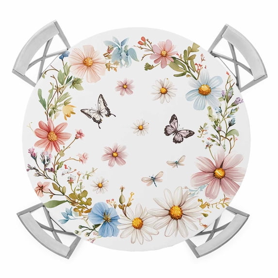Spring Wildflower Elastic Fitted Round Table Cover Butterfly Plant Waterproof Outdoor Tablecloth for Holiday Party, Picnic, Patio & Dining Fits Tables Up to 36"-44"