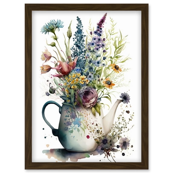 Spring Wildflower Floral Bouquet in a Teapot Vase Artwork Framed Wall Art Print A4