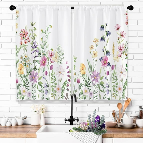 Spring Wildflower Kitchen Curtains Rustic Flower Watercolor Floral Bathroom Window Curtains Plants Leaf Botanical Drapes Small Short Cafe Curtain Treatment 2 Panels 27.5x39 Inch