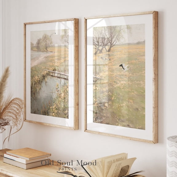 Spring Wildflower Landscape Farmhouse Split Panel Wall Art Set 2 Stretched Canvas 16x24