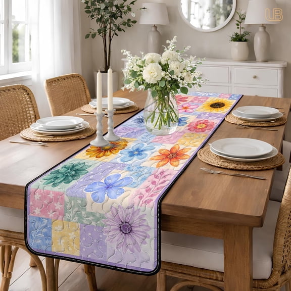 Spring Wildflower Quilt Table Runner | Colorful Floral Table Topper | Pastel Cottagecore Kitchen Decor | Sunflower Daisy Quilted Runner |