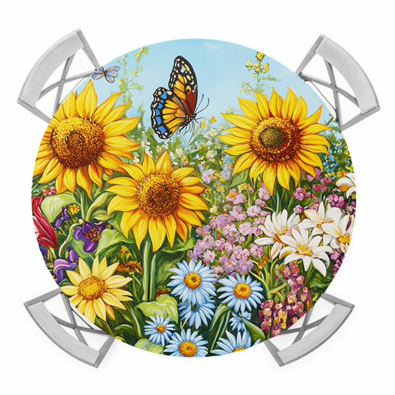 Spring Wildflower Round Tablecloth for 55-60 Inch Tables, Fitted Table Cover with Elastic Edge, Floral Leaves Country Pastoral Waterproof Outdoor Table Cloth Protector for Patio Garden Dinner Picnic