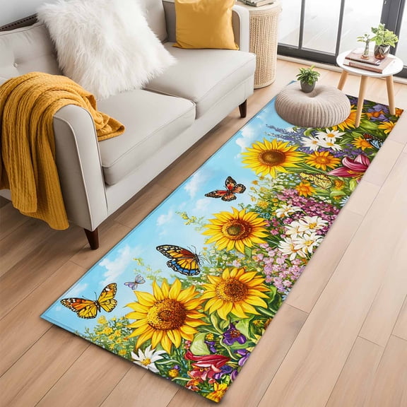 Spring Wildflower Runner Rug 2x6 FT,Non Slip Hallway Rugs,Floral Leaves Country Pastoral Washable Soft Floor Carpet Non-Shedding Throw Runner Carpet Long Rug for Entryway Kitchen Bedside Sliding Door