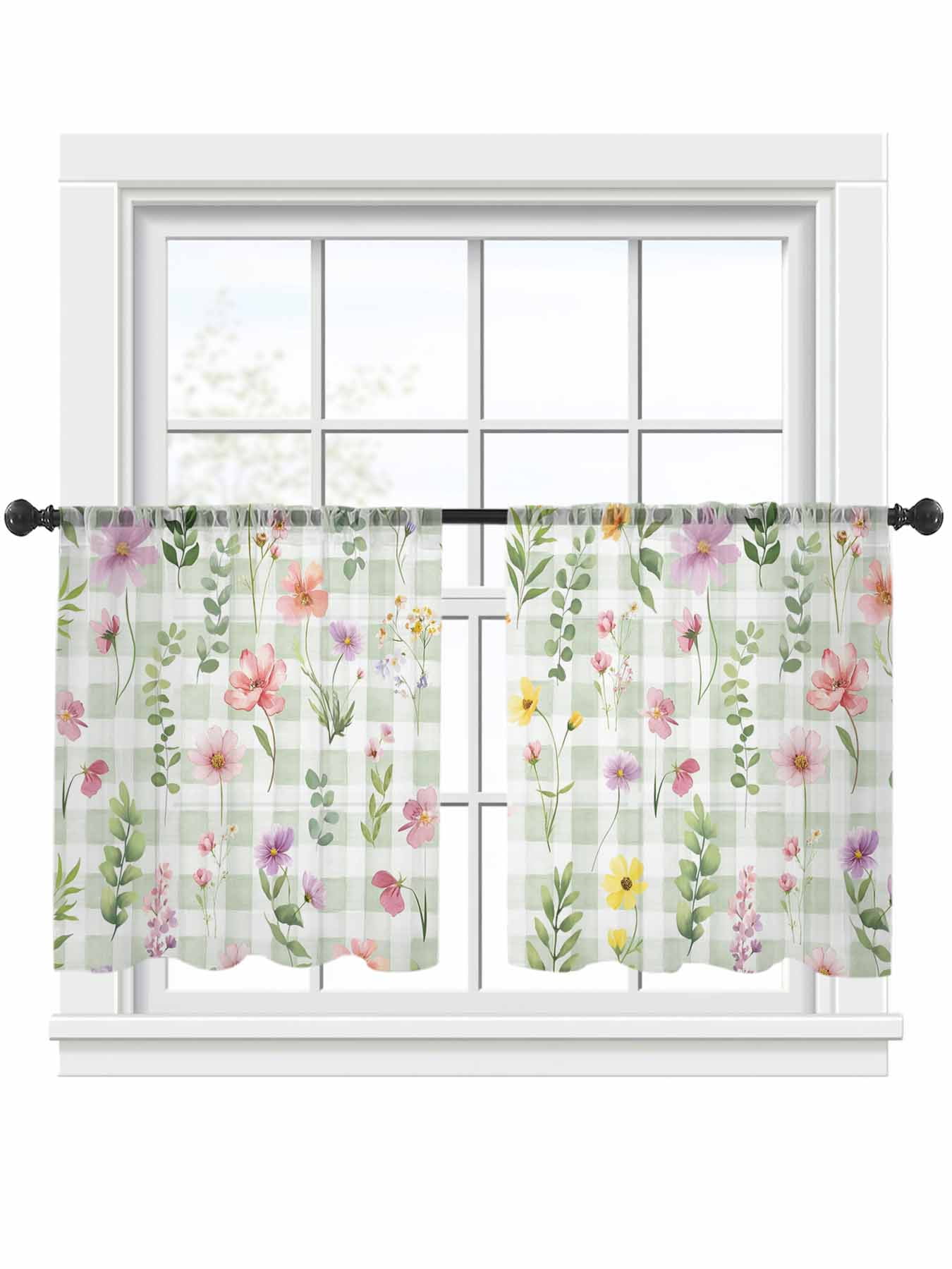 Spring Wildflower Sheer Curtains 2 Panels Set Eucalyptus Leaves Green ...