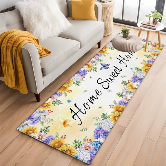 Spring Wildflowers 2'x6' Runner Rugs for Hallway Kitchen Bedside Non Slip, Watercolor Tulip Floral Leaf Plant Yellow Entryway Rug Runners with Rubber Backing, Long Carpet Runner for Laundry Room