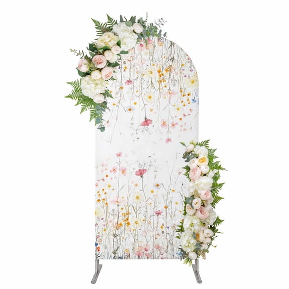 Spring Wildflowers Arch Backdrop Cover, Spandex Fitted Wedding Arch Cover, Pastoral Rustic Farmhouse Botanical Round Top Stand Covers for Birthday Ceremony Bridal Shower Party Decor 6x2.6 Ft
