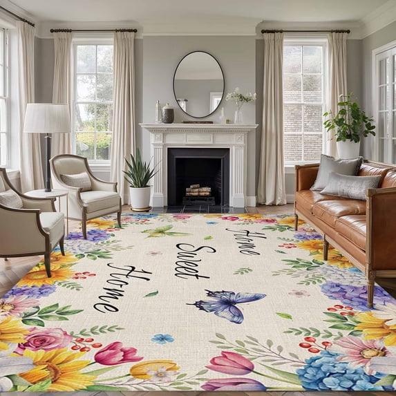Spring Wildflowers Area Rug 5x8 Washable Rug Non Slip Watercolor Tulip Floral Leaf Plant Beige Large Area Rug Soft Stainresistant Indoor Floor Carpet for Living Room Bedroom Home Office Dining Room