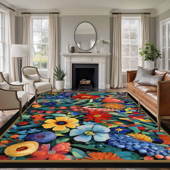 Spring Wildflowers Area Rugs 5'x8', Washable Small Throw Rugs for Classroom Bedroom, Modern Abstract Art Daisy Floral Leaves Indoor Outdoor Rug Non-Slip Low Pile Carpet Runner Reversible Floor Mats