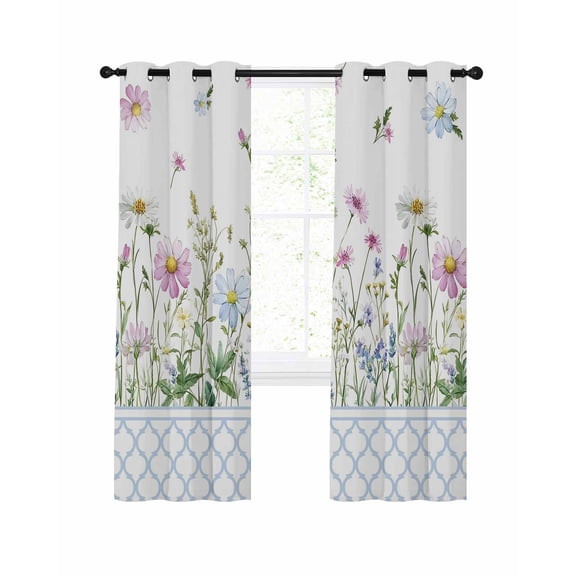 Spring Wildflowers Blackout Curtains for Bedroom Living Room, Blue Morocco Pink Flower Plant Country 39 In Long Thermal Insulated Room Darkening Drapes Grommet Window Treatments, 27.5 x 39 In