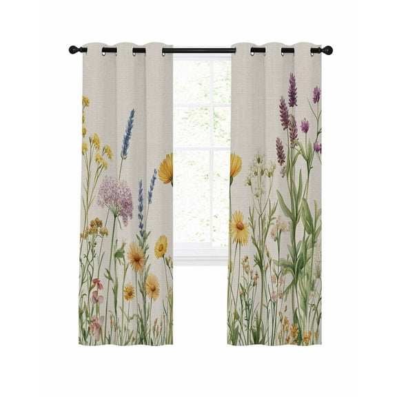 Spring Wildflowers Blackout Curtains for Bedroom Living Room, Pastoral Wind Flowers Linen Texture 39 In Long Thermal Insulated Room Darkening Drapes Grommet Window Treatments, 27.5 x 39 In