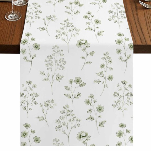 Spring Wildflowers Burlap Cotton Table Runner 18x72 Inches Long, Watercolor Floral Rustic Sage Green Farmhouse Table Runners, Outdoor Dining Table Decor for Baby Shower/Party/Wedding