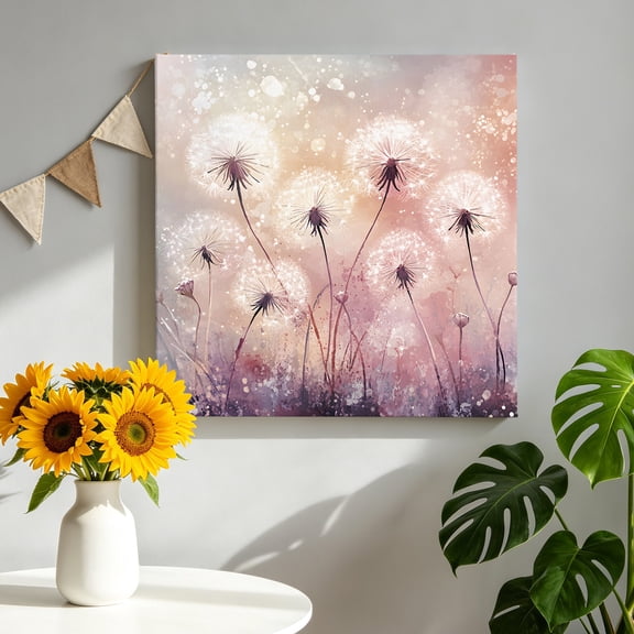 Spring Wildflowers Canvas Wall Art for Living Room, Fantasy Watercolor White Dandelion Floral Gradient Purple Wall Decor Framed Artwork Pictures Ready to Hang for Bedroom Office Home Decor 8x8 Inch