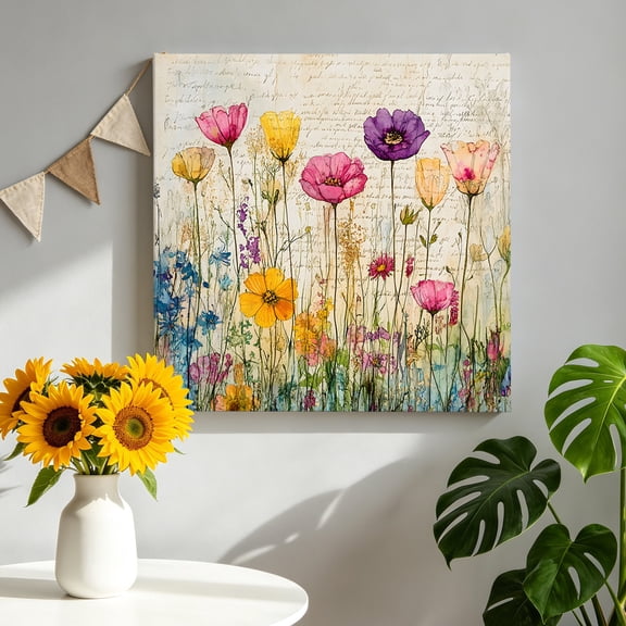 Spring Wildflowers Canvas Wall Art, Vintage Watercolor Colorful Floral Leaf Newspaper Texture Framed Canvas Wall Decor Picture Print Artwork Decorations for Living Room Office Ready to Hang 8" x 8"