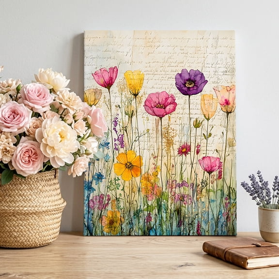 Spring Wildflowers Canvas Wall Art, Vintage Watercolor Colorful Floral Leaf Newspaper Texture Framed Canvas Wall Decor Picture Print Artwork Decorations for Living Room Office Ready to Hang 12" x 8"