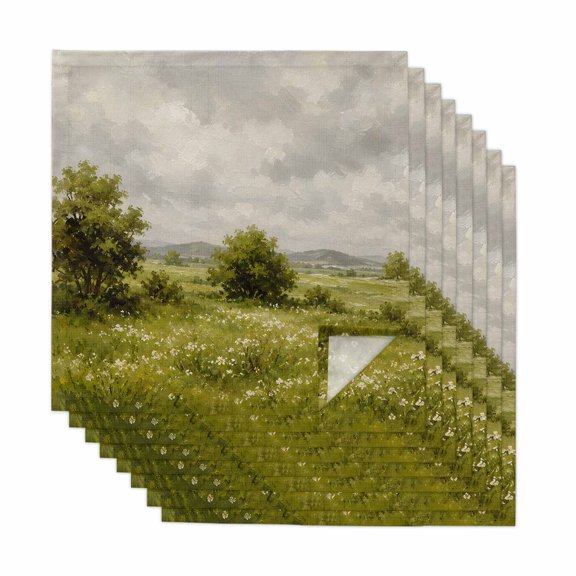 Spring Wildflowers Cloth Napkins, Rustic Farmhouse Floral Trees Village Washable and Reusable Dinner Napkins Set of 8, Table Napkin for Kitchen Party Birthday Wedding Hotel Housewarming 20"x20"