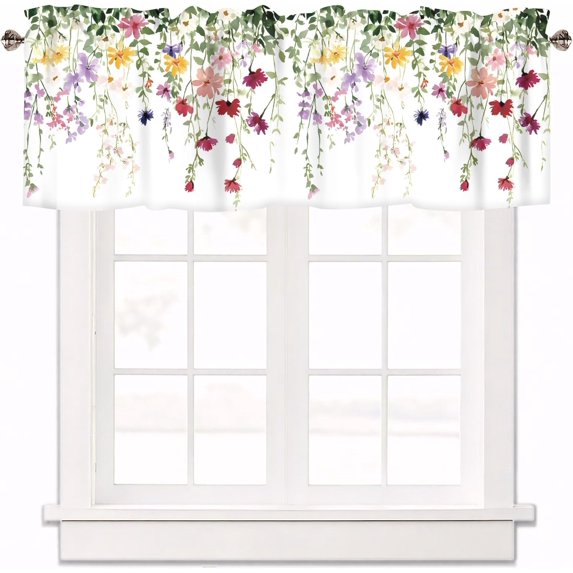 Spring Wildflowers Curtain Valance for Windows Floral Pink Rod Pocket Window Treatments 1 Panel Short Curtains for Kitchen Windows Bathroom Bedroom,54 x 18 Inch