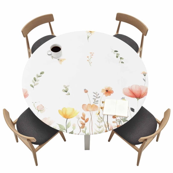 Spring Wildflowers Fitted Tablecloth with Elastic Edged, Round Table Cloth for Dining Table, Watercolor Rustic Flowers Floral Leaves Waterproof Oil Proof Table Cover for Indoor Outdoor 45"-54"