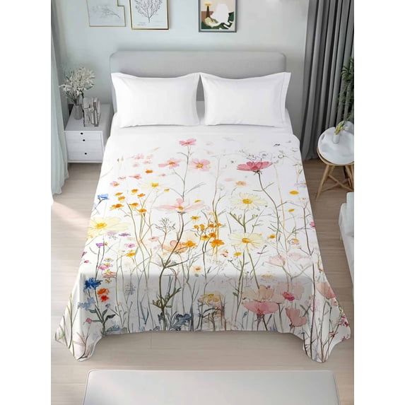 Spring Wildflowers Full Size Flat Sheet, Wrinkleproof & Fadeproof Cooling Flat Bed Sheet Only, Pastoral Rustic Farmhouse Botanical Breathable Soft Bedding Top Sheets 81 x 96 Inches