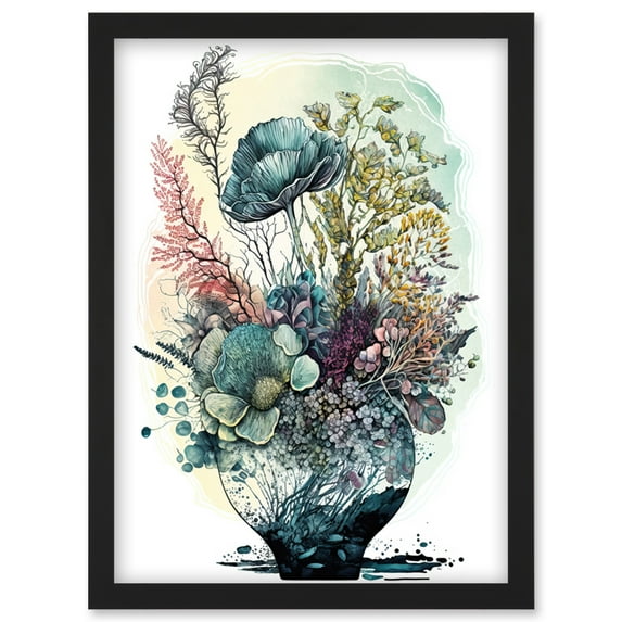 Spring Wildflowers Growing in a Glass Flower Pot Artwork Framed Wall Art Print A4