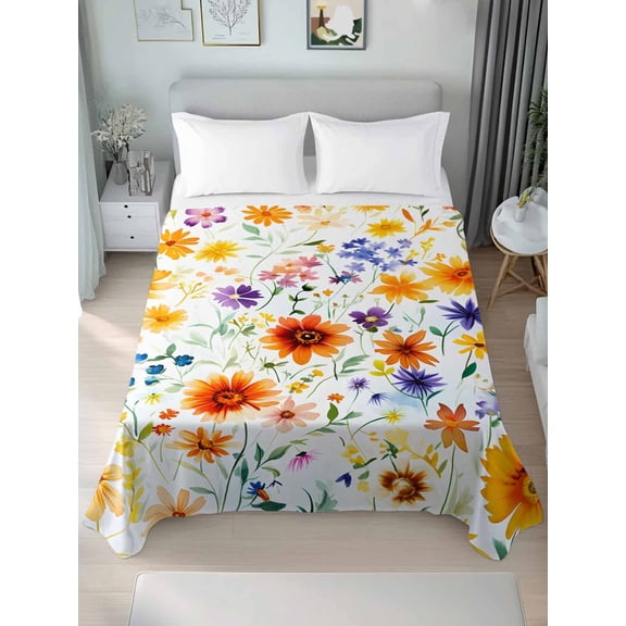 Spring Wildflowers King Size Flat Sheet, Wrinkleproof & Fadeproof Cooling Flat Bed Sheet Only, Leaves Pastoral Botanical Country Breathable Soft Bedding Top Sheets 105 x 98 Inches