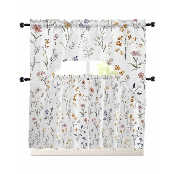 Spring Wildflowers Kitchen Curtain and Valance Set 3 Pieces,Rod Pocket Short Tier Curtains 24 Inch Length,Rustic Pastoral Botanical Floral Swag Topper Small Window Treatment for Cafe Bathroom Bedroom