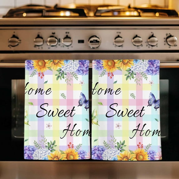 Spring Wildflowers Kitchen Towels Set of 3, Watercolor Floral Leaf Colorful Plaid Absorbent Dish Towels for Kitchen, Microfiber Hand Towel, Quick Drying Tea Towel for Cleaning Decorative Dishcloths
