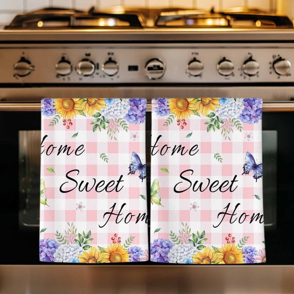 Spring Wildflowers Kitchen Towels Set of 4, Watercolor Floral Butterflies Pink Plaid Absorbent Dish Towels for Kitchen, Microfiber Hand Towel, Quick Drying Tea Towel for Cleaning Dishcloths