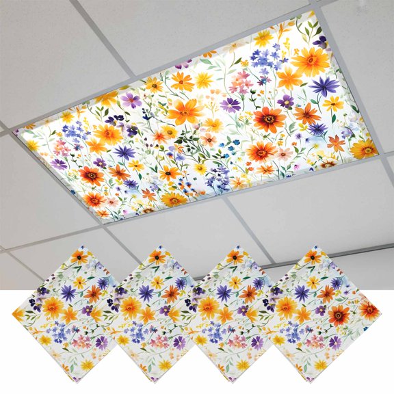 Spring Wildflowers Magnetic Fluorescent Light Covers for Ceiling Lights 2x4Ft, Leaves Pastoral Botanical Country Office Classroom Kitchen Drop Ceiling Light Covers Lighting Filters Shade Panel 4Packs