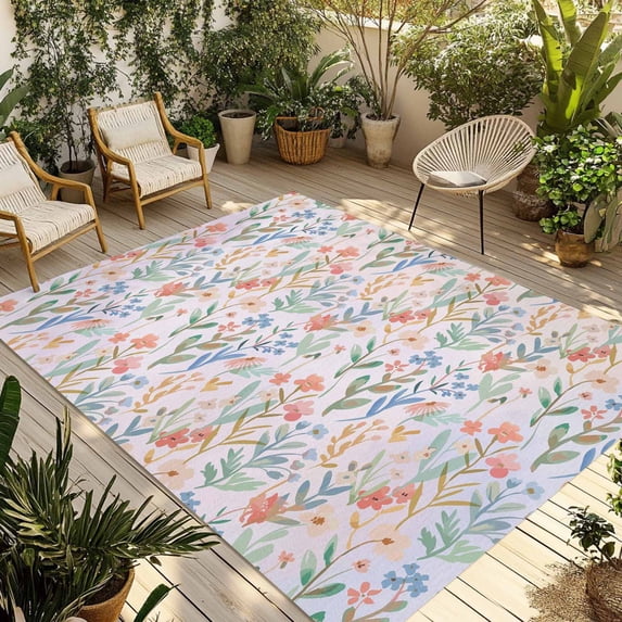 Spring Wildflowers Outdoor Rug for Patio/Deck/Porch, Non-Slip Large Area Rug 3 x 5 Ft, Botanical Watercolor Floral Leaf Plant Indoor Outdoor Rugs Washable Area Rugs, Camping Rug Carpet Runner
