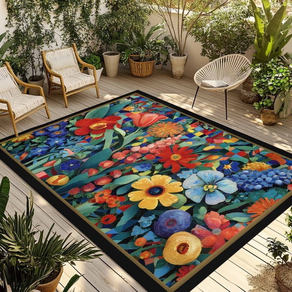 Spring Wildflowers Outdoor Rug for Patio/Deck/Porch, Non-Slip Large Area Rug 5 x 8 Ft, Modern Abstract Art Daisy Floral Leaves Indoor Outdoor Rugs Washable Area Rugs, Camping Rug Carpet Runner