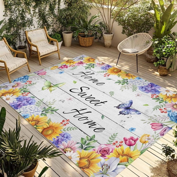 Spring Wildflowers Outdoor Rug for Patio/Deck/Porch, Non-Slip Large Area Rug 5 x 8 Ft, Watercolor Floral Leaf Wood Grain Indoor Outdoor Rugs Washable Area Rugs, Reversible Camping Rug Carpet Runner