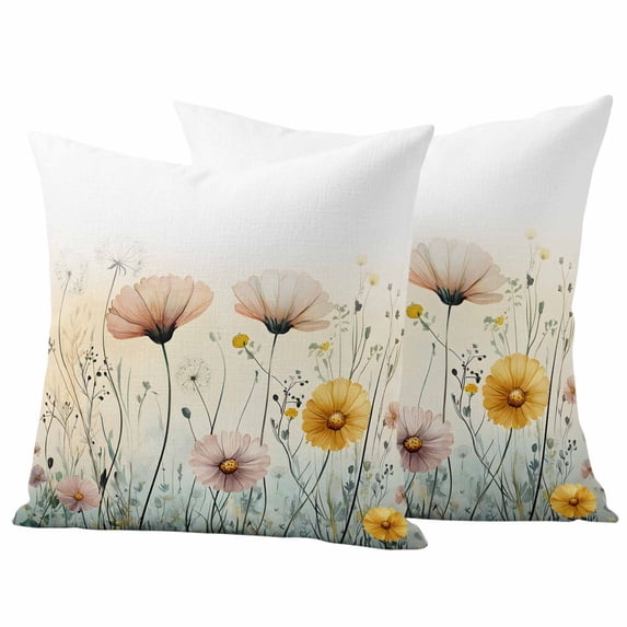 Spring Wildflowers Pillow Covers 2 Pack Spring Watercolor Pink Yellow Daisy Floral Leaf Beige Pillowcase Waterproof Outdoor Throw Pillow Cover for Patio Garden Square Cushion 26”x26”