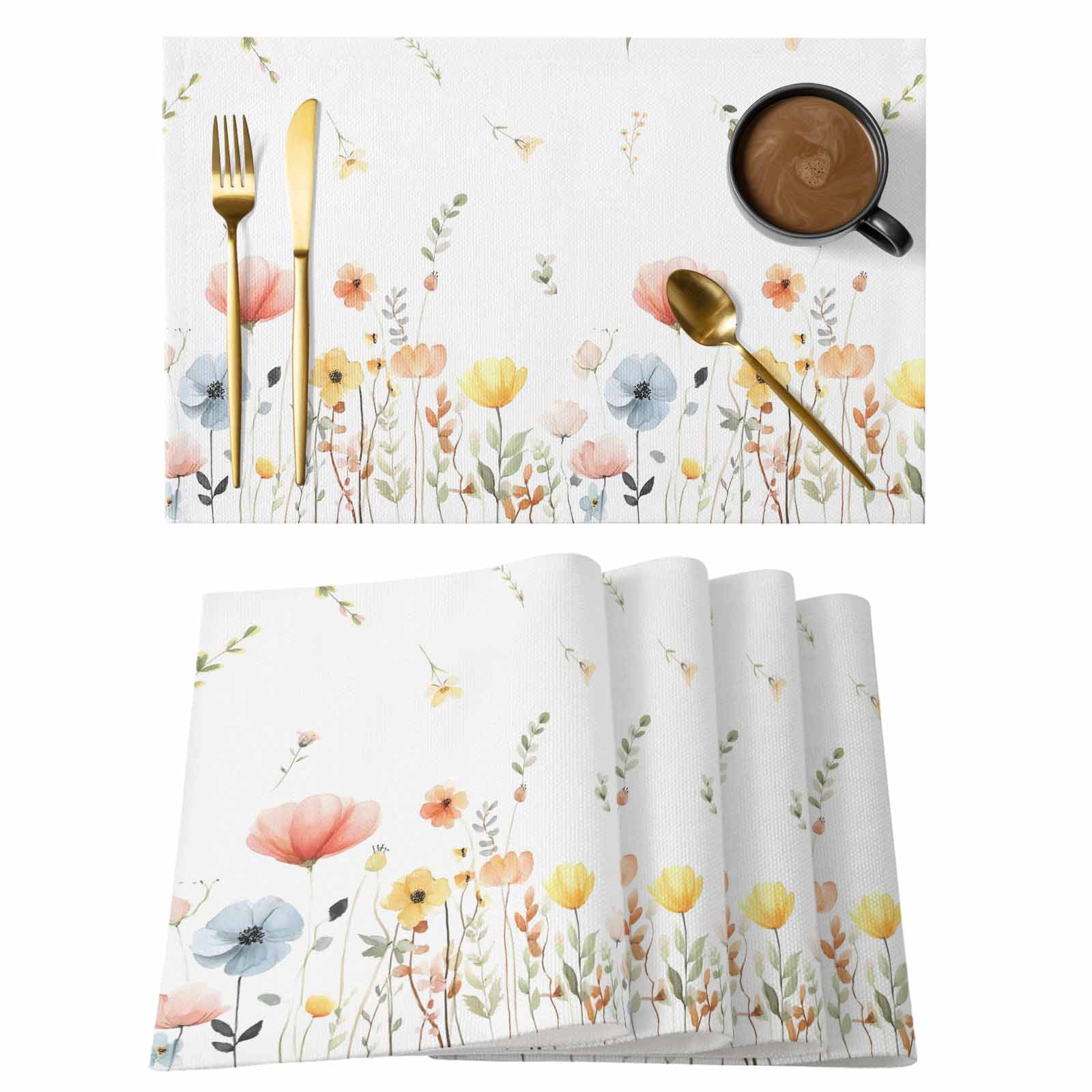 Spring Wildflowers Placemats Set of 12, Watercolor Rustic Flowers Floral Leaves Placemats for Dining Table, Place Mats for Kitchen Tabletop, Waterproof Wipeable Dining Table Mats Set
