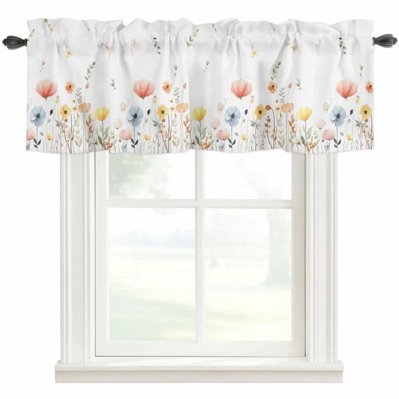 Spring Wildflowers Rod Pocket Curtain Valance, Watercolor Rustic Flowers Floral Leaves Farmhouse Window Valance for Living Room, Bedroom, Kitchen 42"W x 18"L