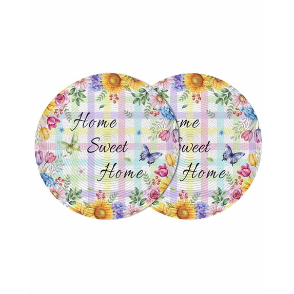 Spring Wildflowers Round 13 Inch Placemats Set of 2, Watercolor Floral Leaf Colorful Plaid HeatResistant Non Slip Place Mats for Dining Table, Wipeable Braided Kitchen Table Mats for Housewarming