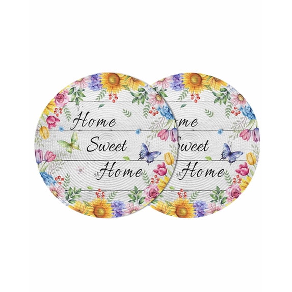 Spring Wildflowers Round 13 Inch Placemats Set of 2, Watercolor Floral Leaf Wood Grain HeatResistant Non Slip Place Mats for Dining Table, Wipeable Braided Kitchen Table Mats for Housewarming
