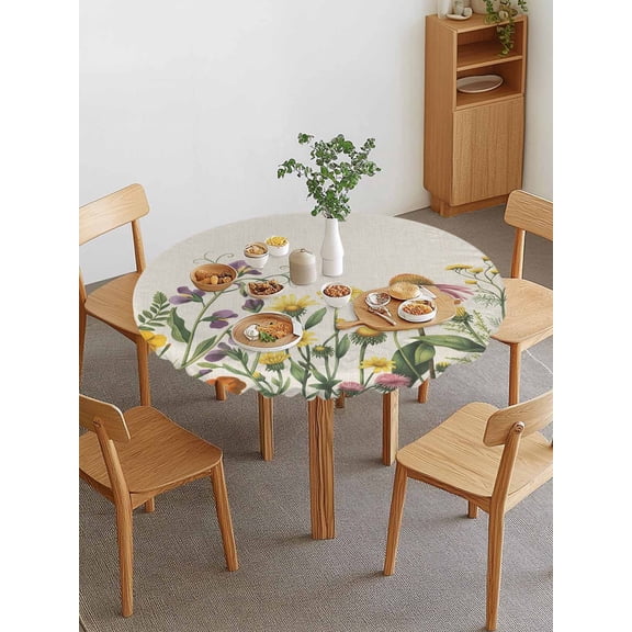Spring Wildflowers Round Fitted Tablecloth with Elastic Edge, Summer Country Plants Leaf Flowers Linen Waterproof Stretch Table Covers for 45"-54" Tables Wipeable Table Cloth for Outdoor