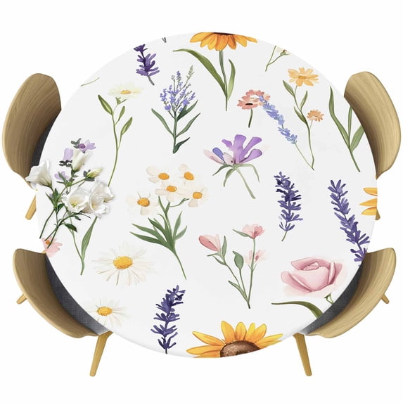 Spring Wildflowers Round Tablecloth 45-54 Inch Round Fitted Table Cloth with Elastic Edge, Watercolor Botanical Floral Waterproof Table Cover Protector for Outdoor Picnic Party Dining