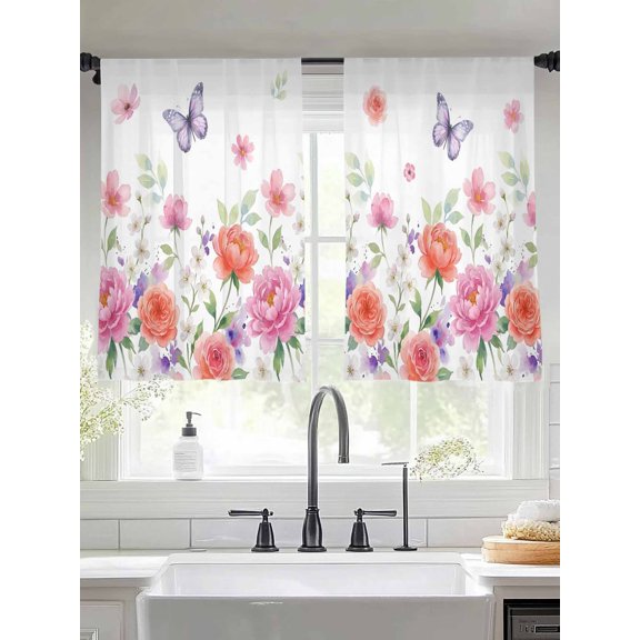 Spring Wildflowers Sheer Curtains 45 inches Long, Watercolor Red Pink Flower Butterfly Green Leaf Light Filtering Sheer Window Curtains Rod Pocket Voile Drapes for Bedroom Living Room, 2 Panels