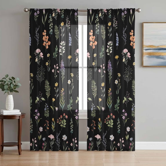 Spring Wildflowers Sheer Curtains 72 Inch Length 2 Panels Set, Farmhouse Botanical Garden Floral Voile Window Treatment Rod Pocket Curtains Sheers Drapes for Bedroom/Living Room/Kitchen 52"x72"x2