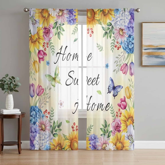 Spring Wildflowers Sheer Curtains 72 Inch Length 2 Panels Set Window Treatments, Watercolor Tulip Floral Leaf Plant Yellow Rod Pocket Semi Curtains for Living Room/Bedroom/Kitchen, 104"W x 72"L