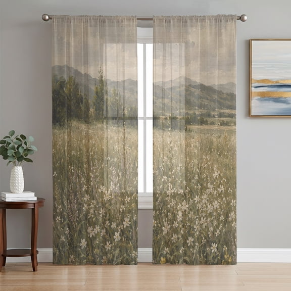 Spring Wildflowers Sheer Curtains 84 Inch Length 2 Panels Set, Rustic Farmhouse Flowers Cloud Scenery Voile Window Treatment Rod Pocket Curtains Sheers for Bedroom/Living Room/Kitchen 52"x84"x2
