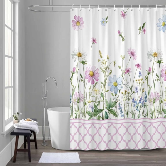 Spring Wildflowers Shower Curtain for Bathroom Decor, Pink Morocco Blue Flower Plant Country Waterproof Fabric Shower Curtain, 36"x78" Set with 12 Hooks